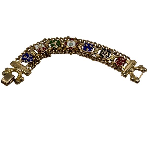 Vintage Gold Tone Red Blue Yellow Enamel Five Family Crest Shield Bracelet - Picture 2 of 10